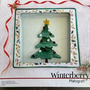 Pfaltzgraff  Winterberry Square Glass Platter Christmas Tree 14.2’ New In box